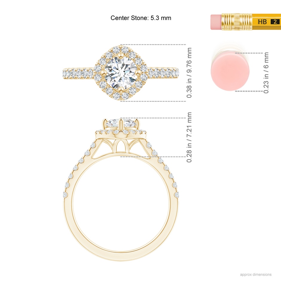 5.3mm GVS2 Cushion Halo Round Diamond Ring with Accents in Yellow Gold ruler