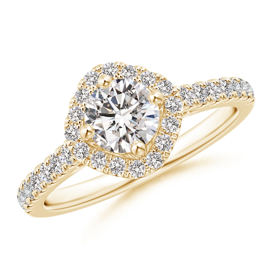 5.3mm IJI1I2 Cushion Halo Round Diamond Ring with Accents in Yellow Gold 
