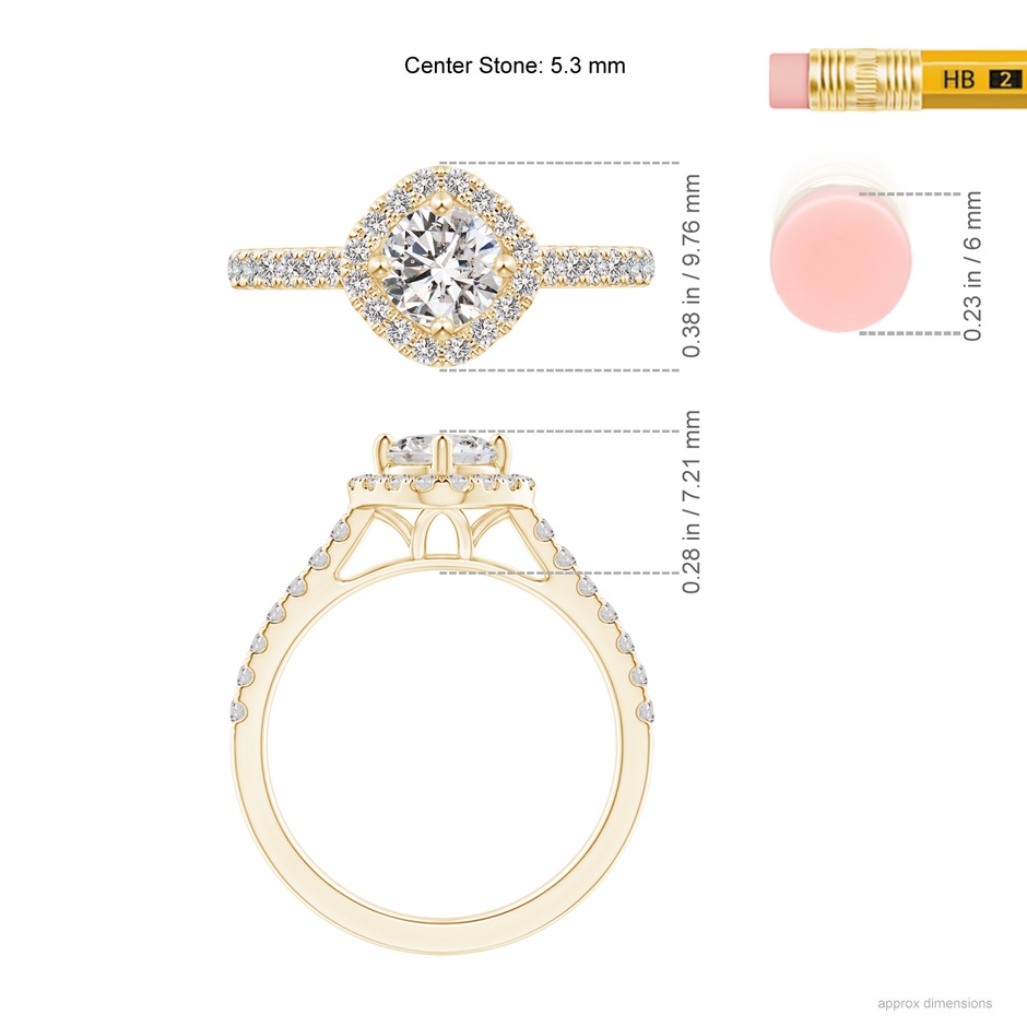 5.3mm IJI1I2 Cushion Halo Round Diamond Ring with Accents in Yellow Gold ruler