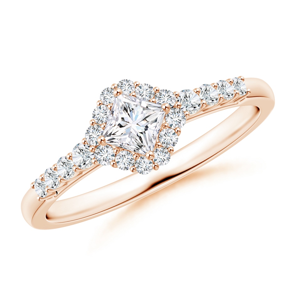 3.6mm GVS2 Princess-Cut Diamond Halo Ring with Accents in Rose Gold 