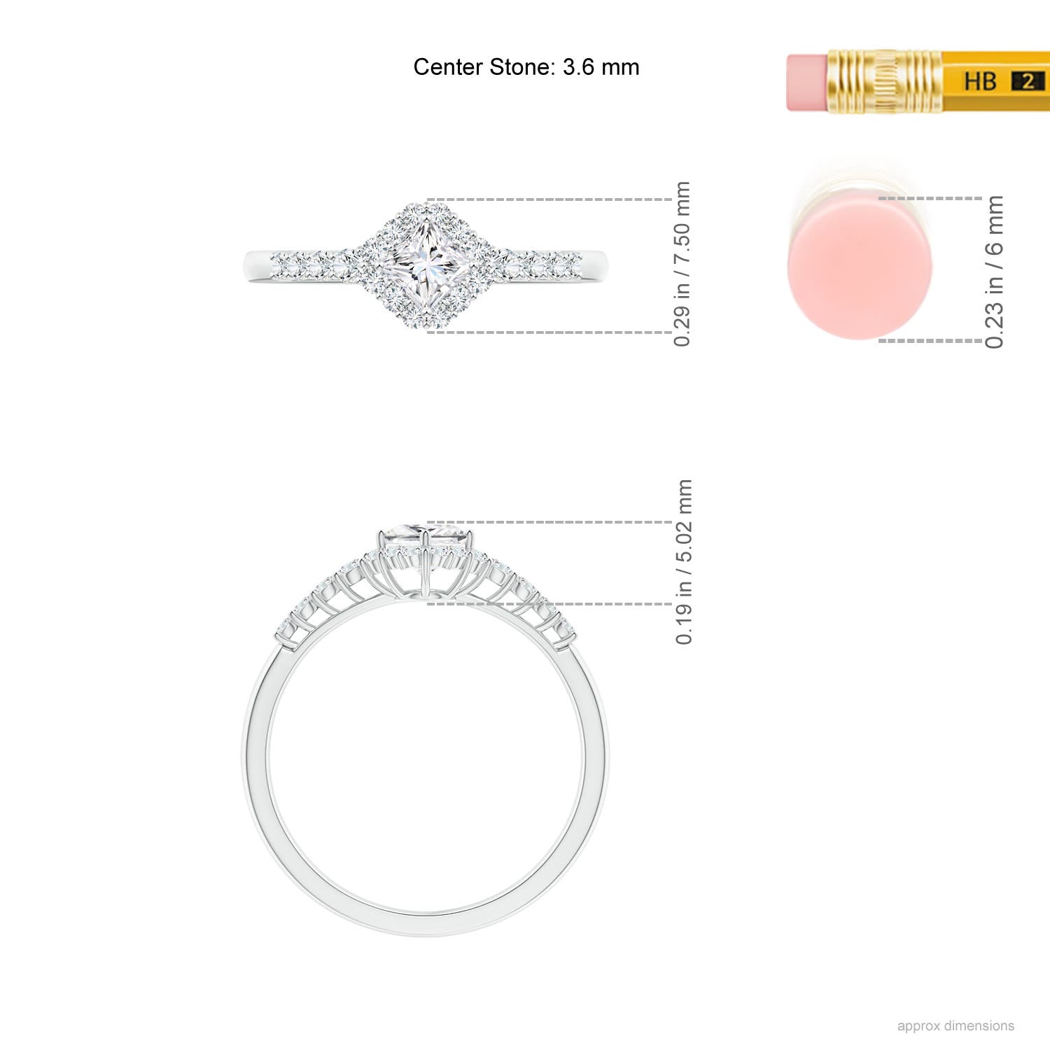 3.6mm GVS2 Princess-Cut Diamond Halo Ring with Accents in White Gold - ruler
