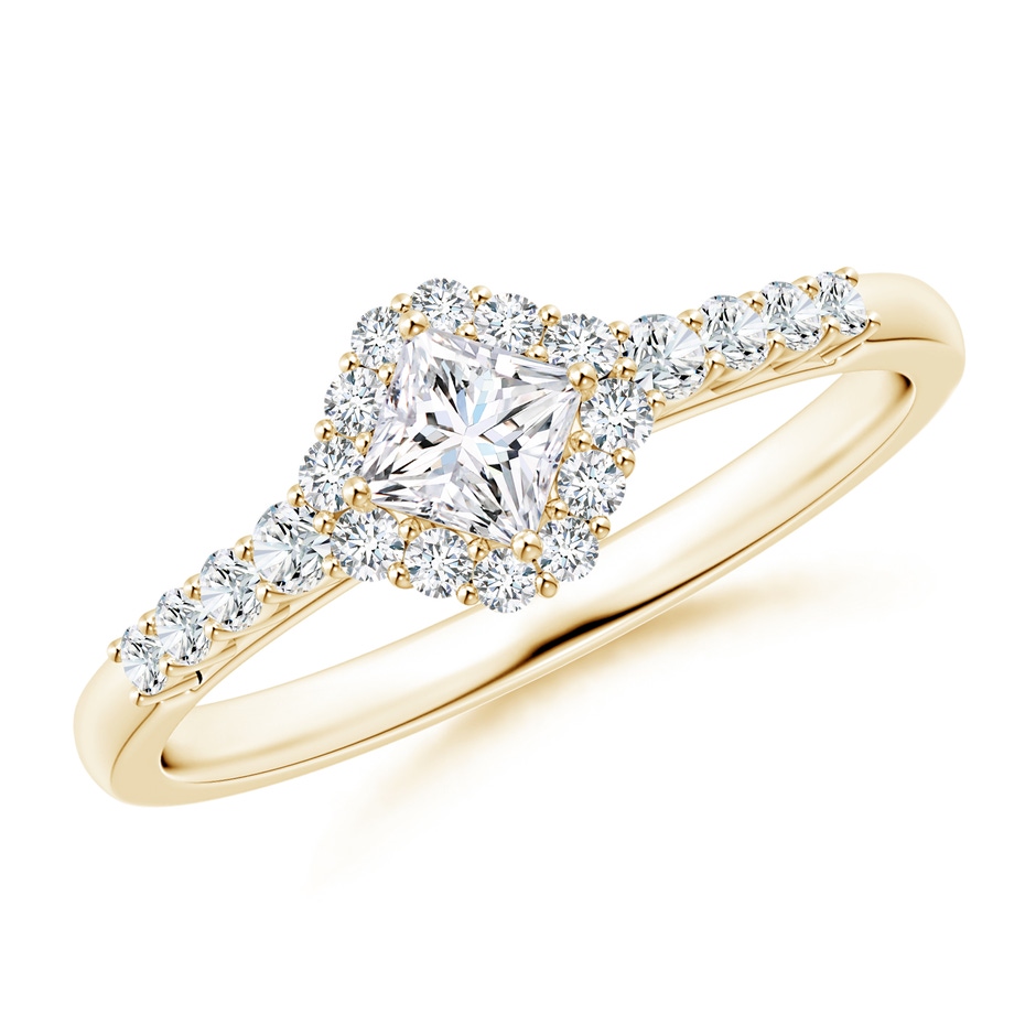 3.6mm GVS2 Princess-Cut Diamond Halo Ring with Accents in Yellow Gold 