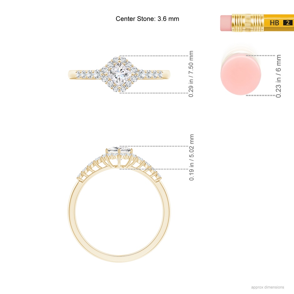 3.6mm GVS2 Princess-Cut Diamond Halo Ring with Accents in Yellow Gold ruler