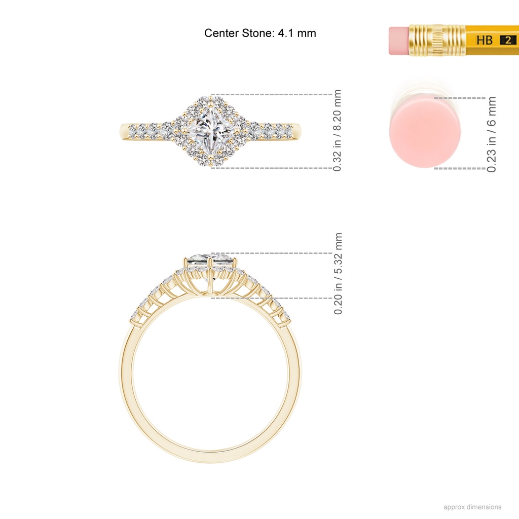 4.1mm IJI1I2 Princess-Cut Diamond Halo Ring with Accents in Yellow Gold Ruler