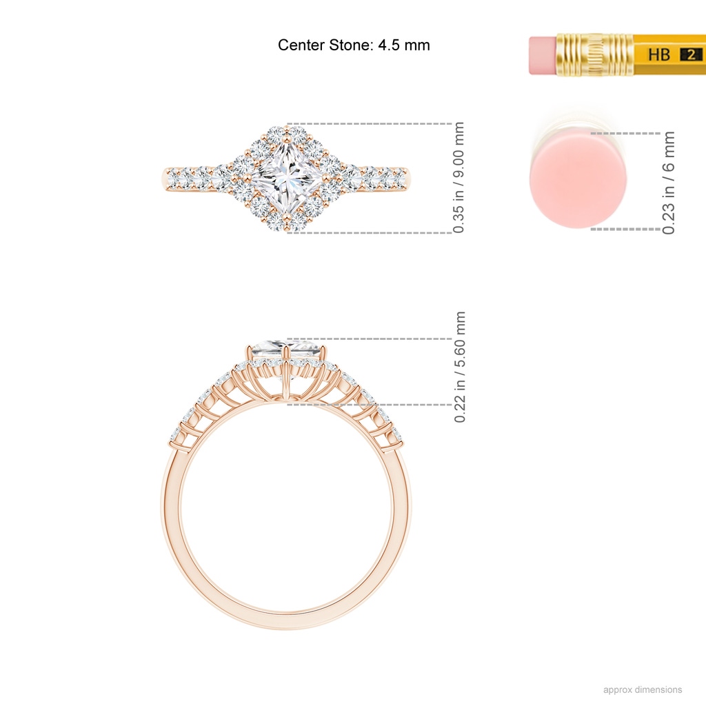 4.5mm GVS2 Princess-Cut Diamond Halo Ring with Accents in Rose Gold Ruler