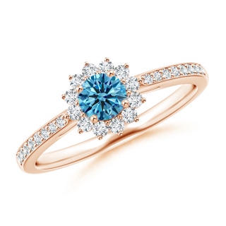 4.2mm AAAA Classic Floral Halo Round Fancy Intense Blue Diamond Ring with Accents in 10K Rose Gold