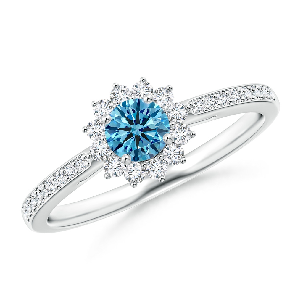 4.2mm AAAA Classic Floral Halo Round Fancy Intense Blue Diamond Ring with Accents in P950 Platinum