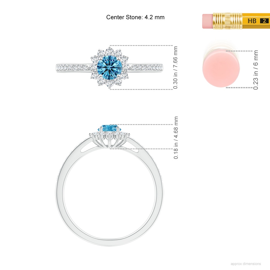4.2mm AAAA Classic Floral Halo Round Fancy Intense Blue Diamond Ring with Accents in P950 Platinum ruler