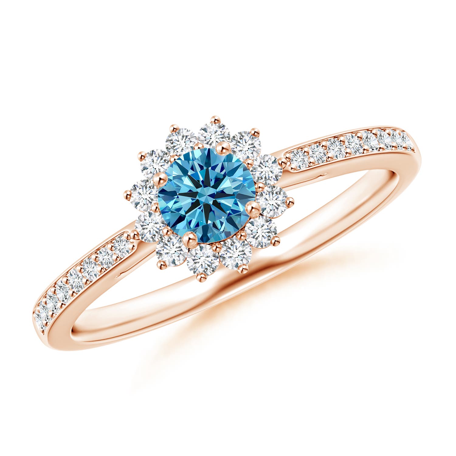 Angara 0.51 CTW Classic Floral Halo Round Fancy Intense Blue Diamond Engagement Ring with Accents in 14K Rose Gold