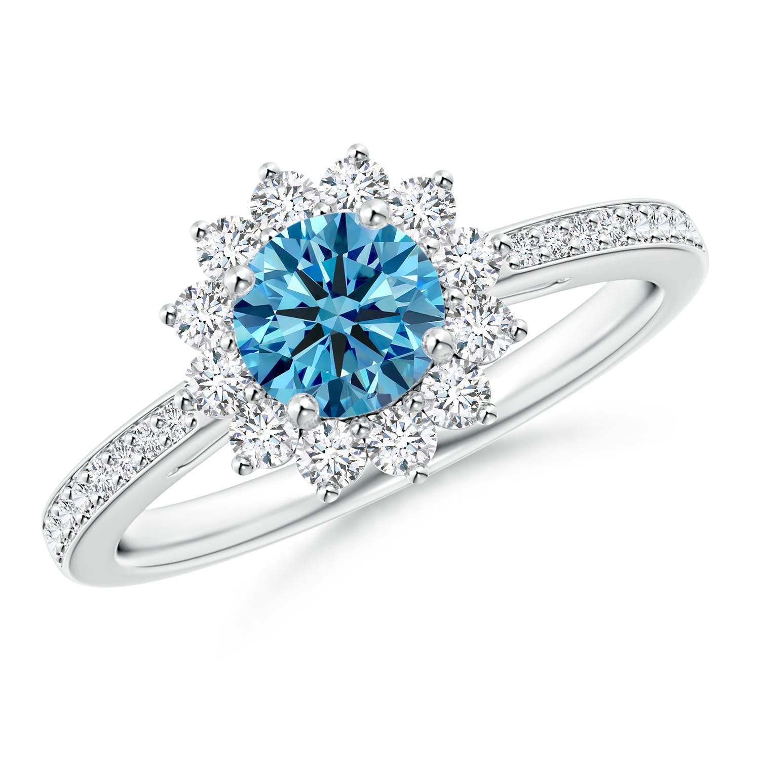 5.4mm AAAA Classic Floral Halo Round Fancy Intense Blue Diamond Ring with Accents in 18K White Gold