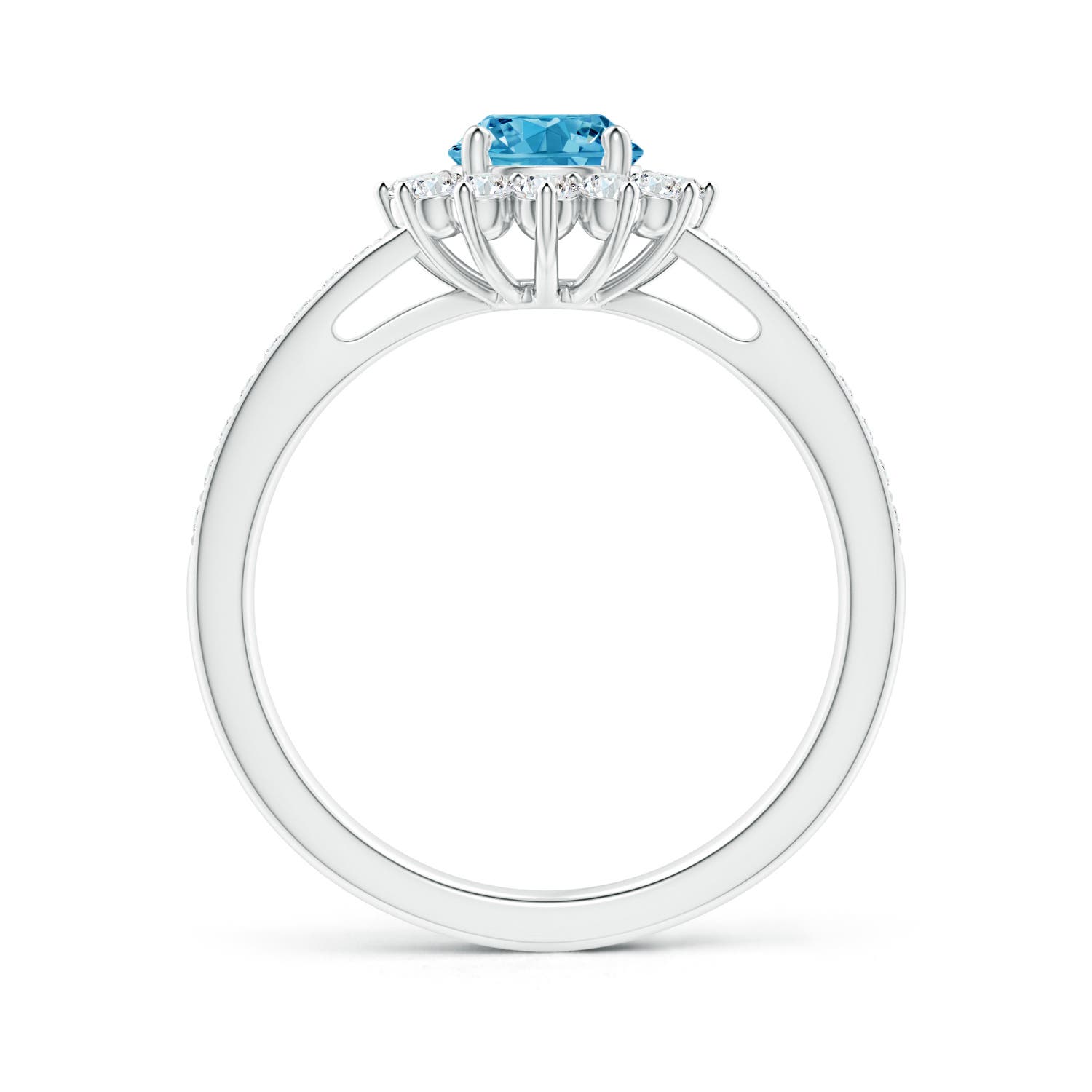 5.4mm AAAA Classic Floral Halo Round Fancy Intense Blue Diamond Ring with Accents in 18K White Gold