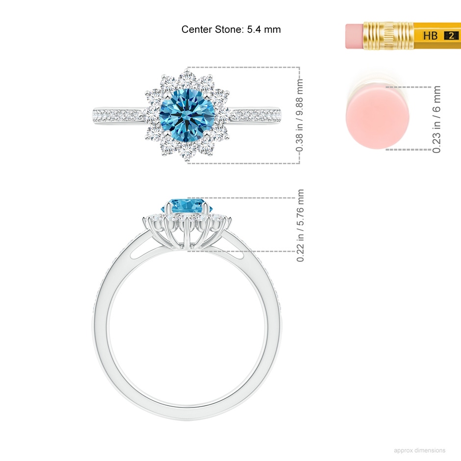 5.4mm AAAA Classic Floral Halo Round Fancy Intense Blue Diamond Ring with Accents in P950 Platinum ruler