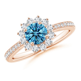 5.4mm AAAA Classic Floral Halo Round Fancy Intense Blue Diamond Ring with Accents in Rose Gold