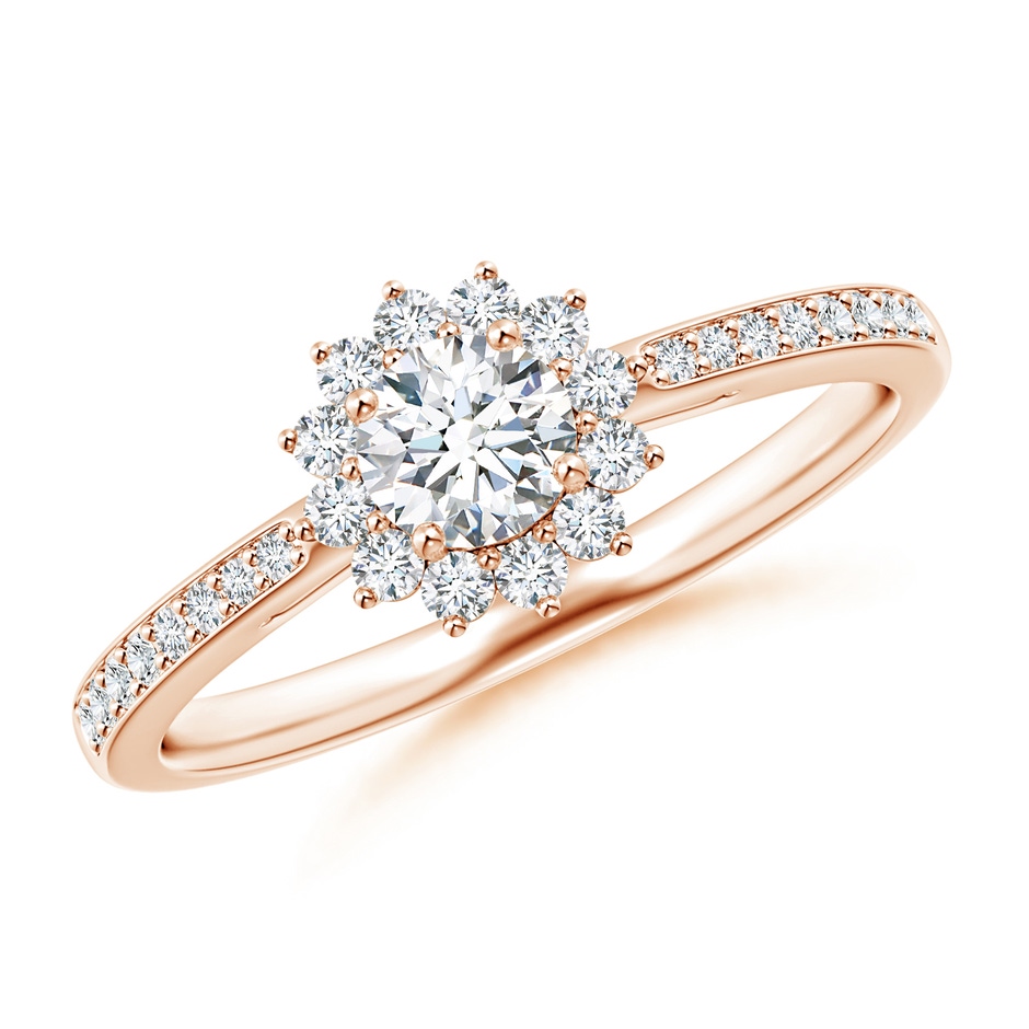 4.2mm GVS2 Classic Floral Halo Round Diamond Ring with Accents in Rose Gold 