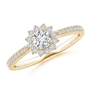 4.2mm HSI2 Classic Floral Halo Round Diamond Ring with Accents in Yellow Gold