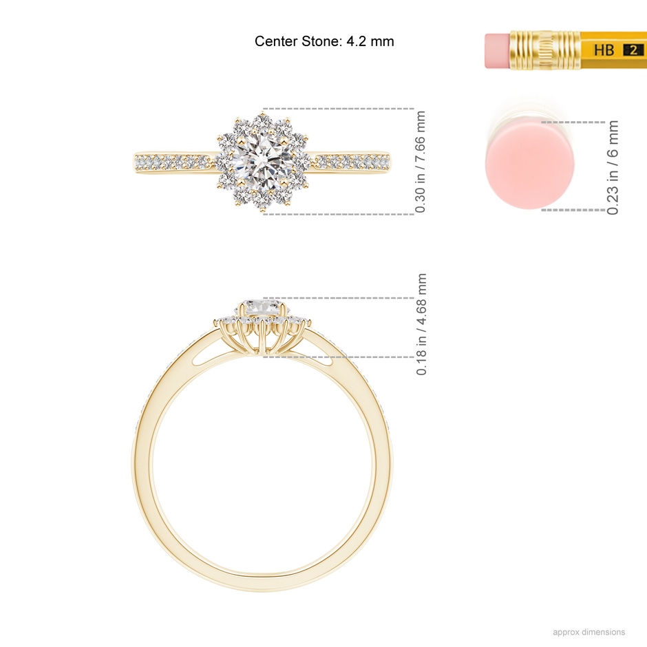 4.2mm IJI1I2 Classic Floral Halo Round Diamond Ring with Accents in Yellow Gold ruler