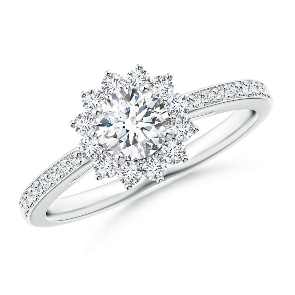 4.9mm GVS2 Classic Floral Halo Round Diamond Ring with Accents in White Gold 