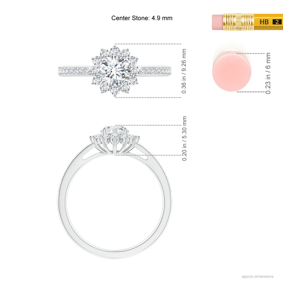 4.9mm GVS2 Classic Floral Halo Round Diamond Ring with Accents in White Gold ruler