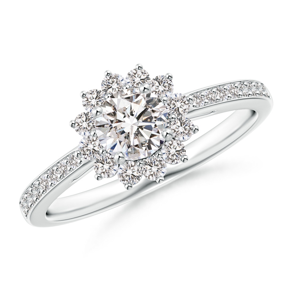 4.9mm IJI1I2 Classic Floral Halo Round Diamond Ring with Accents in White Gold 
