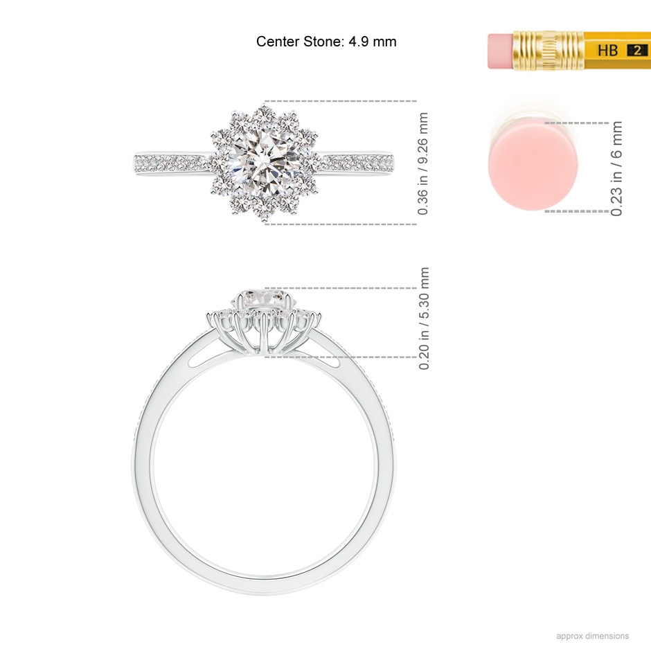 4.9mm IJI1I2 Classic Floral Halo Round Diamond Ring with Accents in White Gold ruler