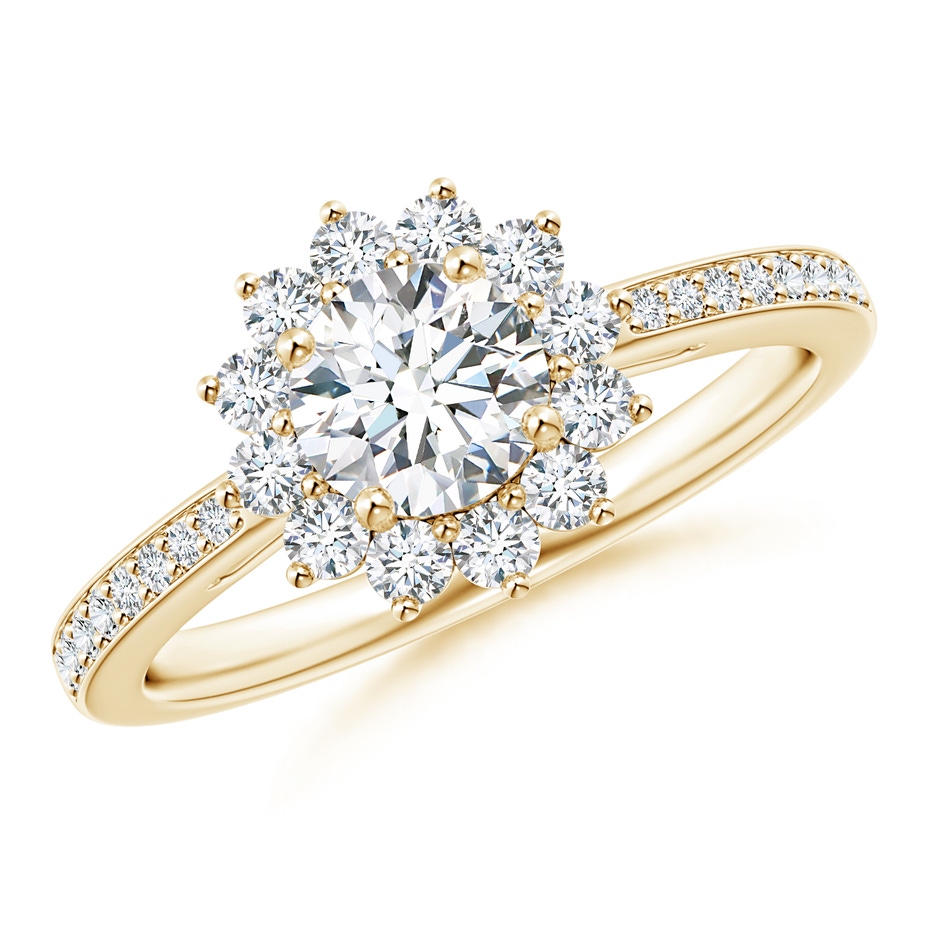 5.4mm GVS2 Classic Floral Halo Round Diamond Ring with Accents in Yellow Gold 