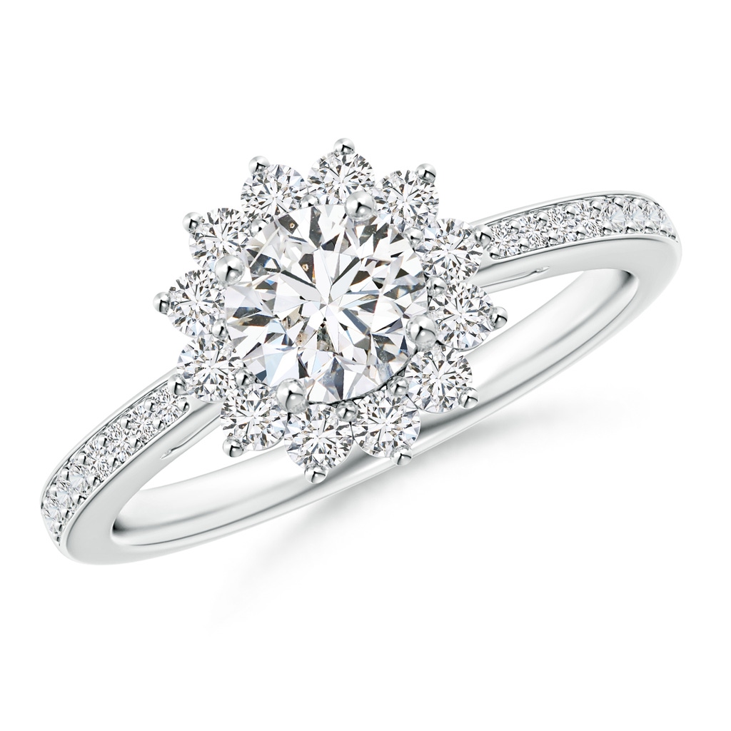 5.4mm HSI2 Classic Floral Halo Round Diamond Ring with Accents in White Gold