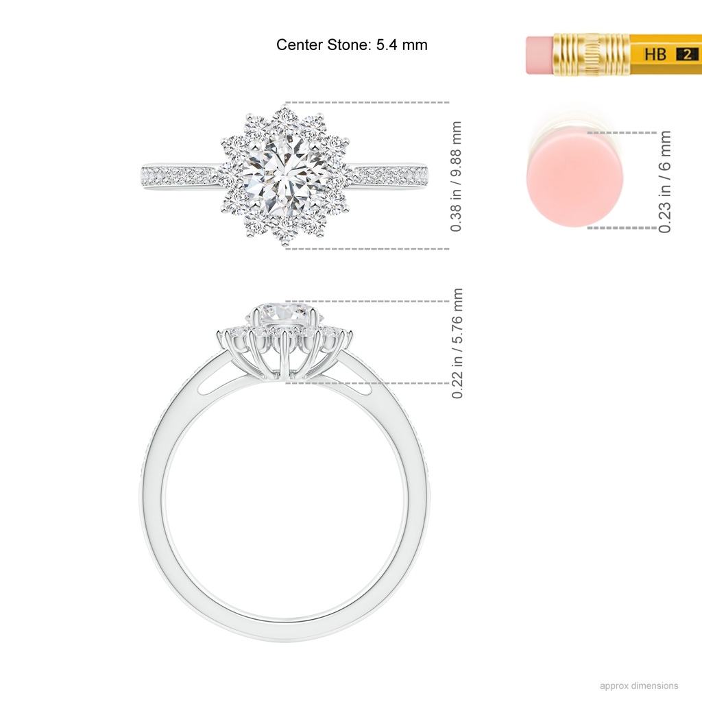 5.4mm HSI2 Classic Floral Halo Round Diamond Ring with Accents in White Gold Ruler