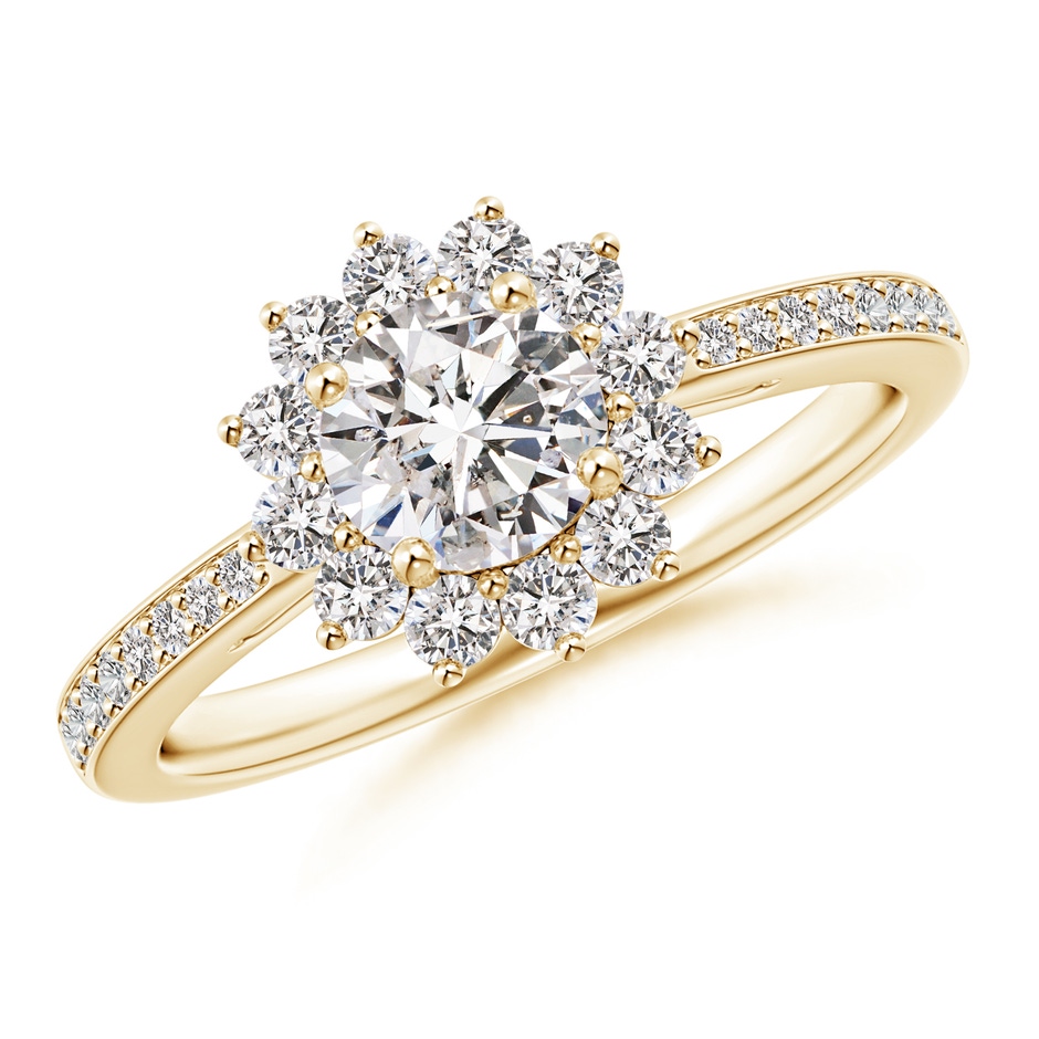 5.4mm IJI1I2 Classic Floral Halo Round Diamond Ring with Accents in Yellow Gold 