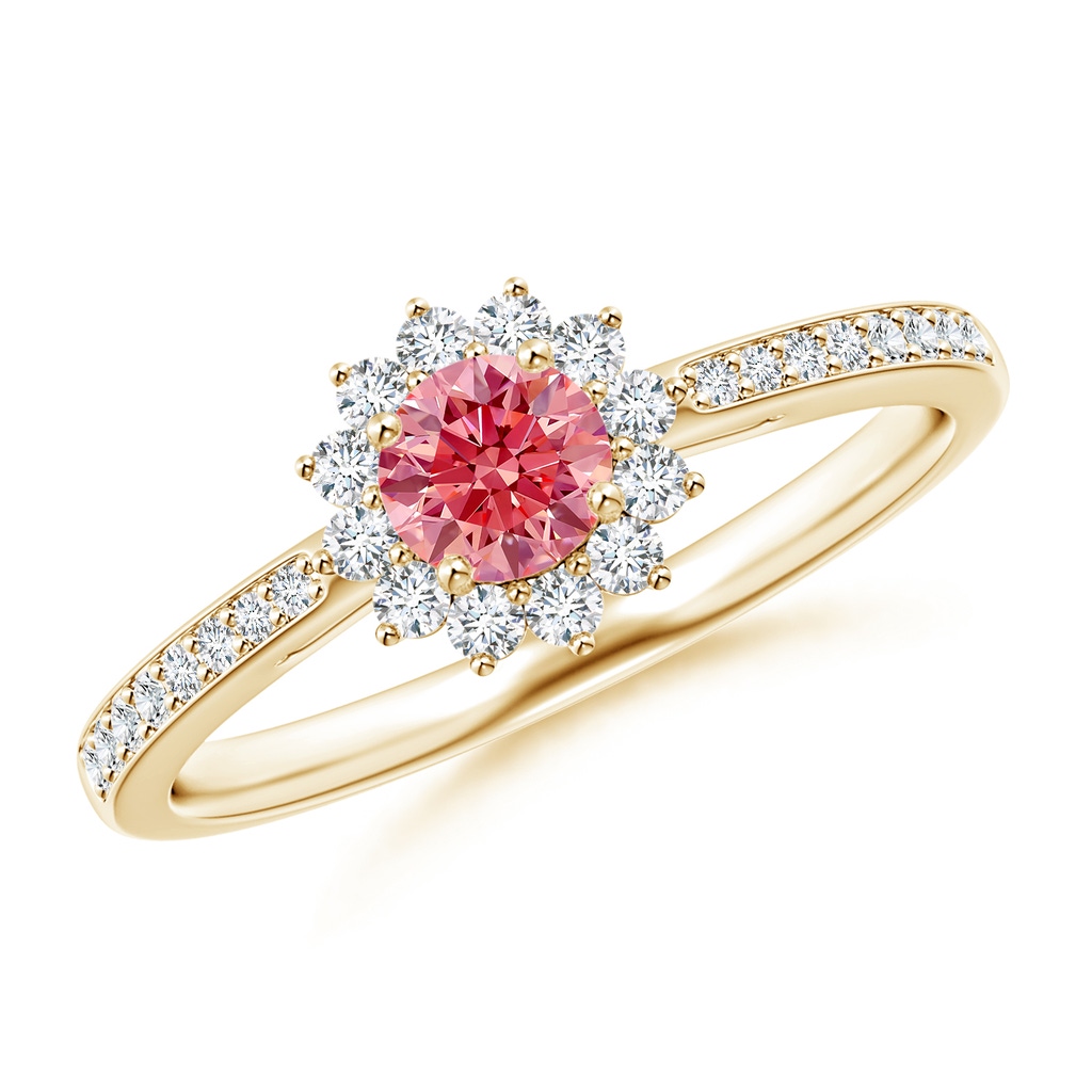 4.2mm AAAA Classic Floral Halo Round Fancy Intense Pink Diamond Ring with Accents in Yellow Gold