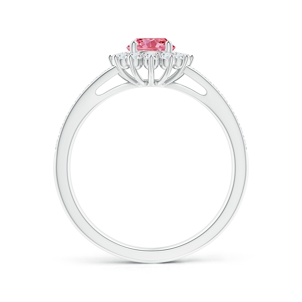 4.9mm AAAA Classic Floral Halo Round Fancy Intense Pink Diamond Ring with Accents in White Gold - side 199