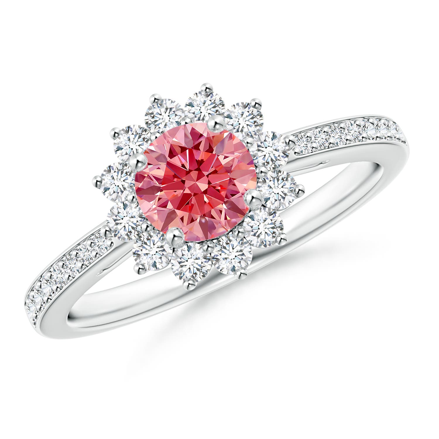 Angara 0.99 CTW Classic Floral Halo Round Fancy Intense Pink Diamond Engagement Ring with Accents in 18K White Gold