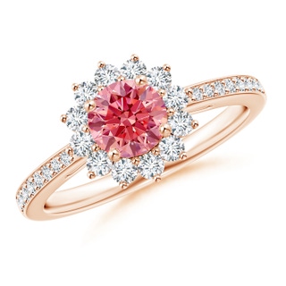 5.4mm AAAA Classic Floral Halo Round Fancy Intense Pink Diamond Ring with Accents in 9K Rose Gold