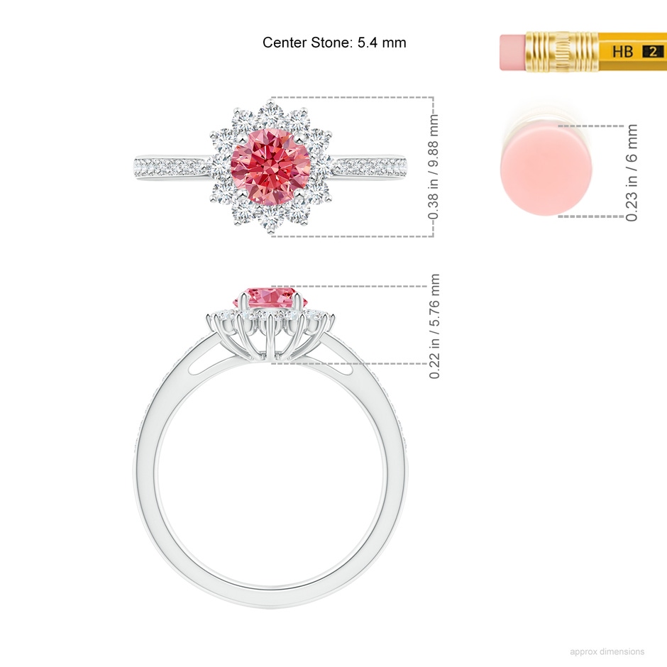 5.4mm AAAA Classic Floral Halo Round Fancy Intense Pink Diamond Ring with Accents in White Gold ruler