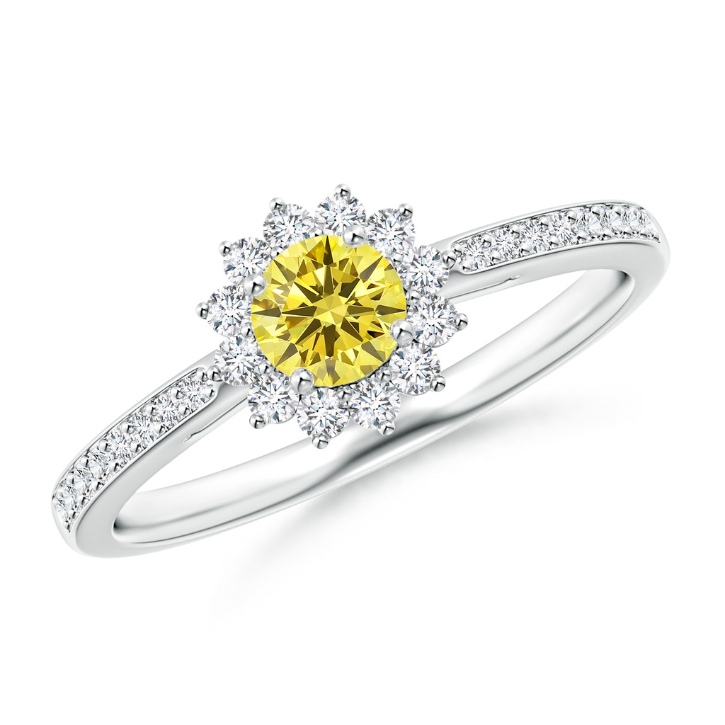 4.2mm AAAA Classic Floral Halo Round Fancy Intense Yellow Diamond Ring with Accents in P950 Platinum