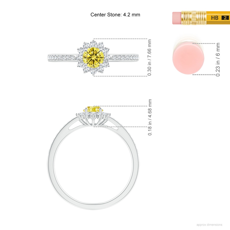 4.2mm AAAA Classic Floral Halo Round Fancy Intense Yellow Diamond Ring with Accents in P950 Platinum ruler