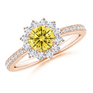 5.4mm AAAA Classic Floral Halo Round Fancy Intense Yellow Diamond Ring with Accents in 10K Rose Gold