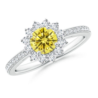 5.4mm AAAA Classic Floral Halo Round Fancy Intense Yellow Diamond Ring with Accents in P950 Platinum