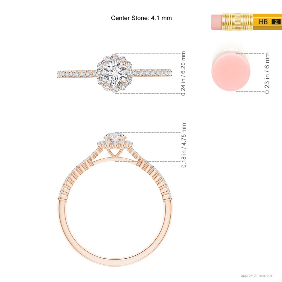 4.1mm HSI2 Classic Round Diamond Halo Ring with Accents in Rose Gold ruler