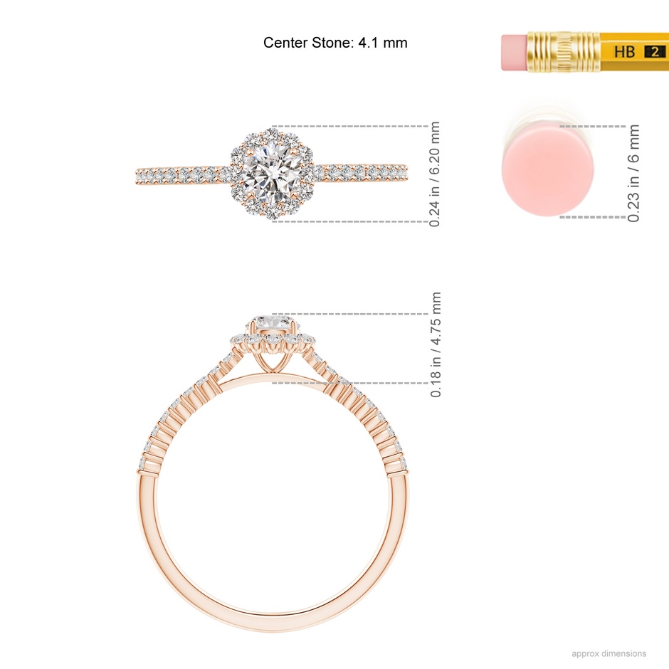 4.1mm IJI1I2 Classic Round Diamond Halo Ring with Accents in Rose Gold ruler