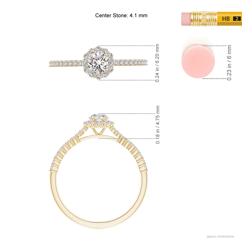 4.1mm IJI1I2 Classic Round Diamond Halo Ring with Accents in Yellow Gold ruler