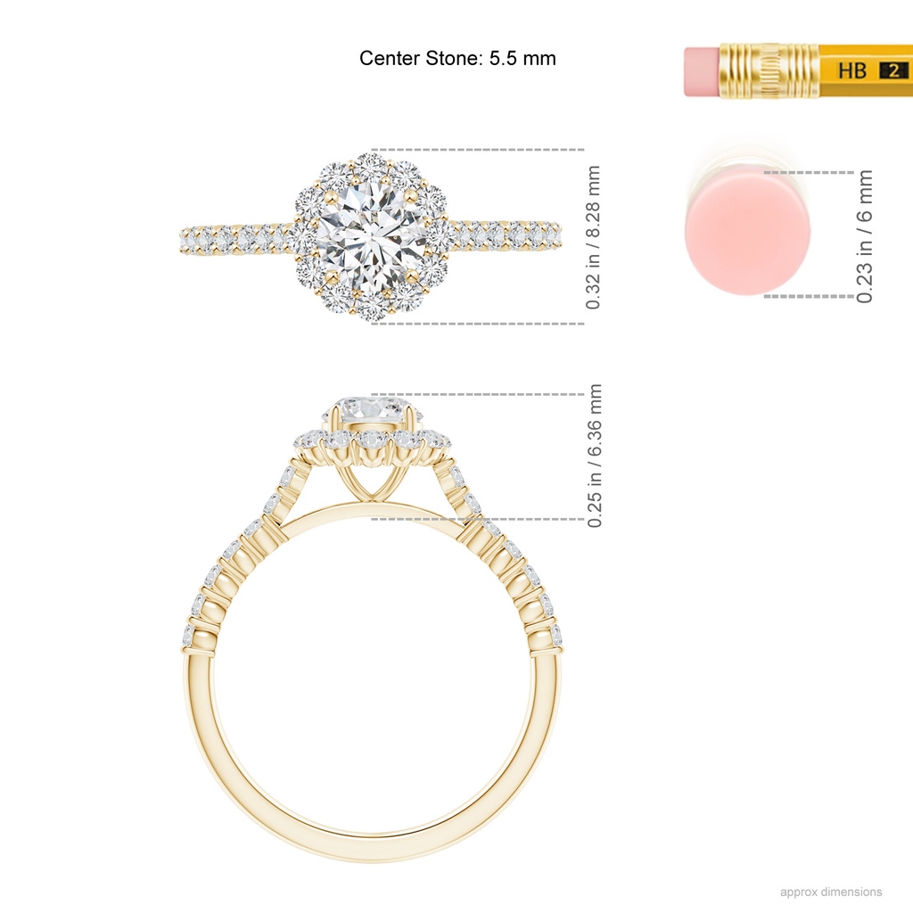 5.5mm HSI2 Classic Round Diamond Halo Ring with Accents in Yellow Gold Ruler