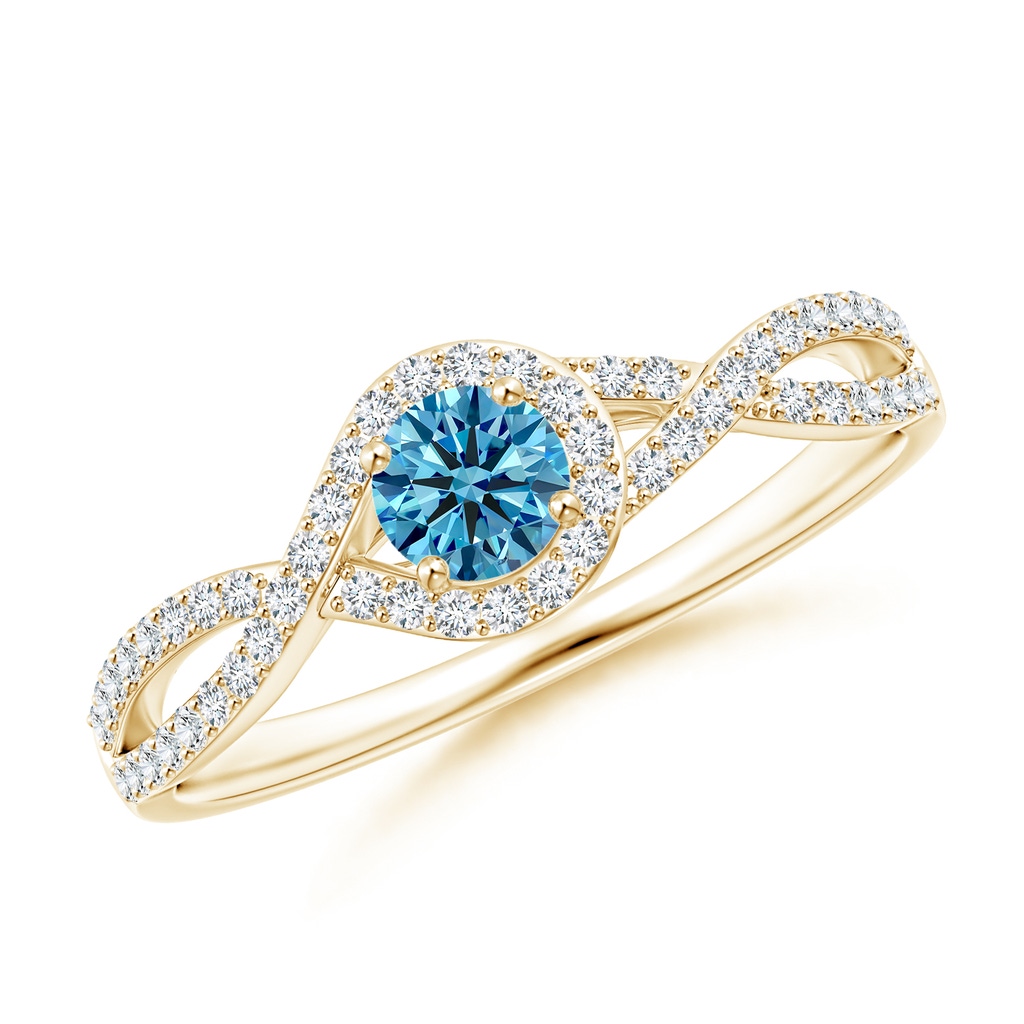 4mm AAAA Criss Cross Infinity Halo Fancy Intense Blue Diamond Ring in Yellow Gold