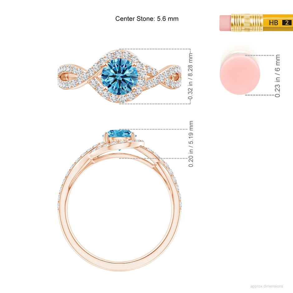 5.6mm AAAA Criss Cross Infinity Halo Fancy Intense Blue Diamond Ring in Rose Gold ruler