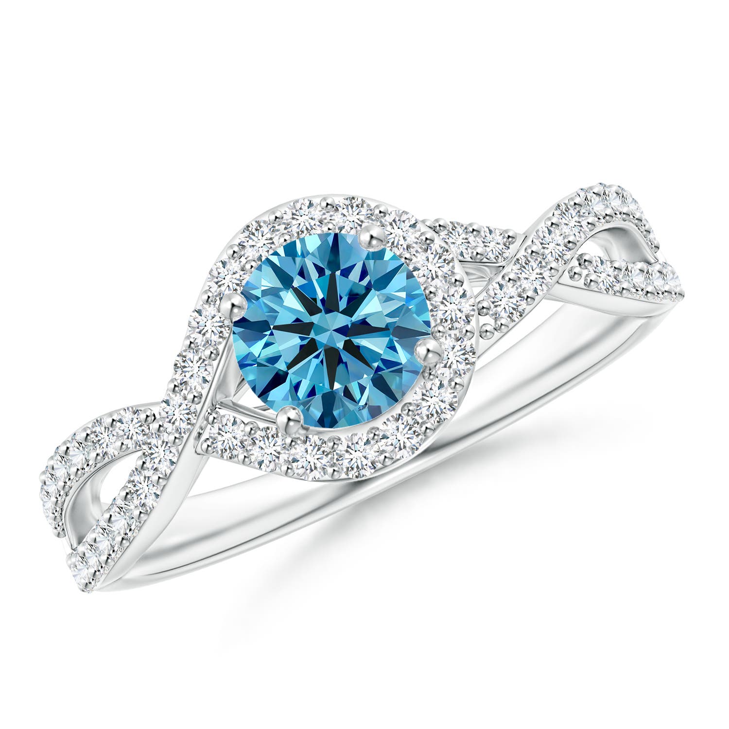 Angara 1.03 CTW Criss Cross Infinity Halo Fancy Intense Blue Diamond Engagement Ring in 14K White Gold