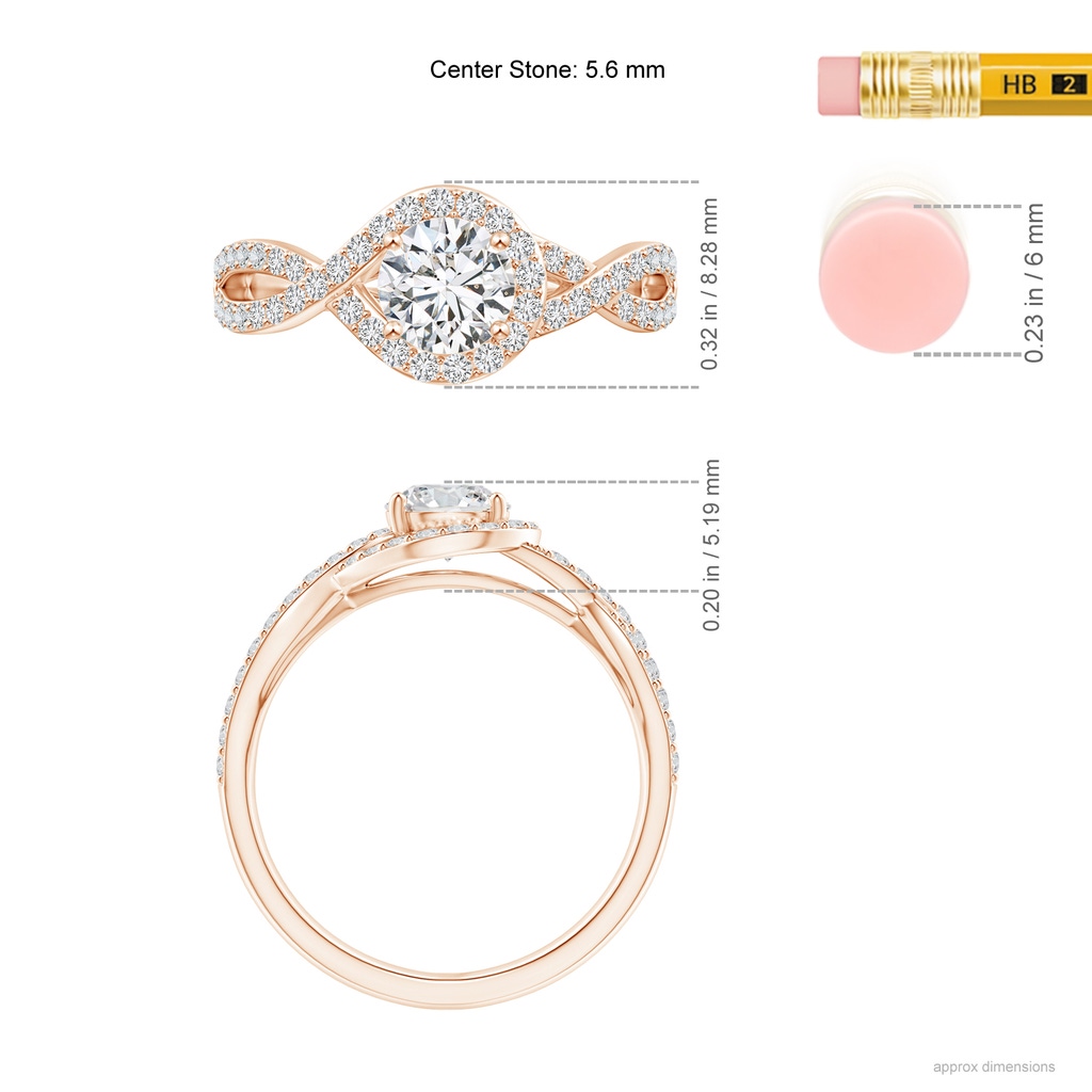 5.6mm HSI2 Criss Cross Infinity Halo Diamond Ring in Rose Gold Ruler