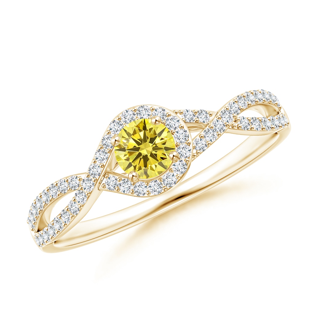 4mm AAAA Criss Cross Infinity Halo Fancy Intense Yellow Diamond Ring in Yellow Gold