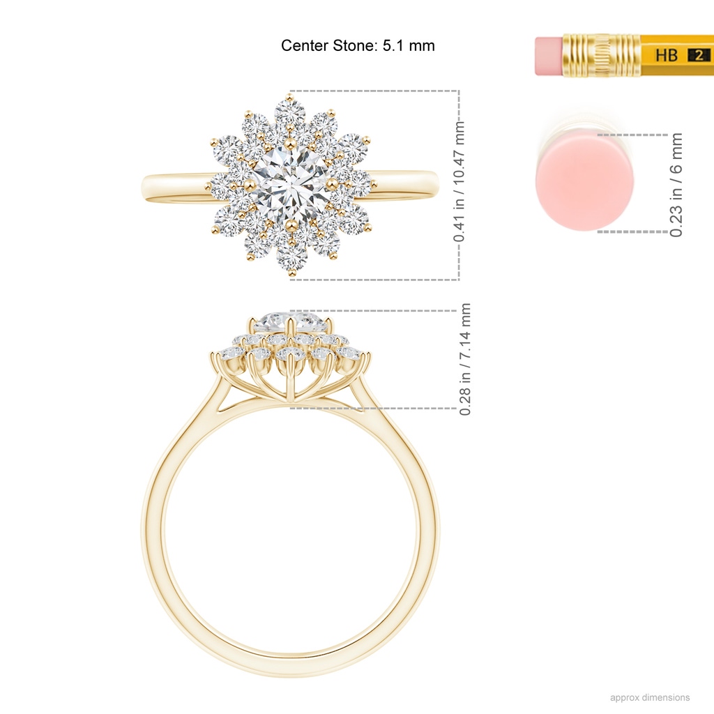 5.1mm HSI2 Classic Double Floral Halo Diamond Ring in Yellow Gold Ruler