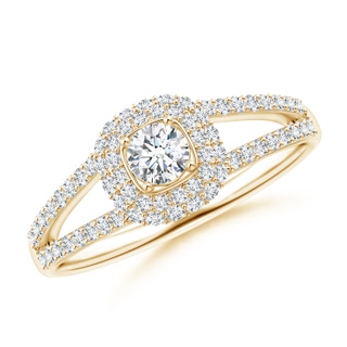3.7mm GVS2 Cushion Halo Diamond Ring with Accented Split Shank in Yellow Gold