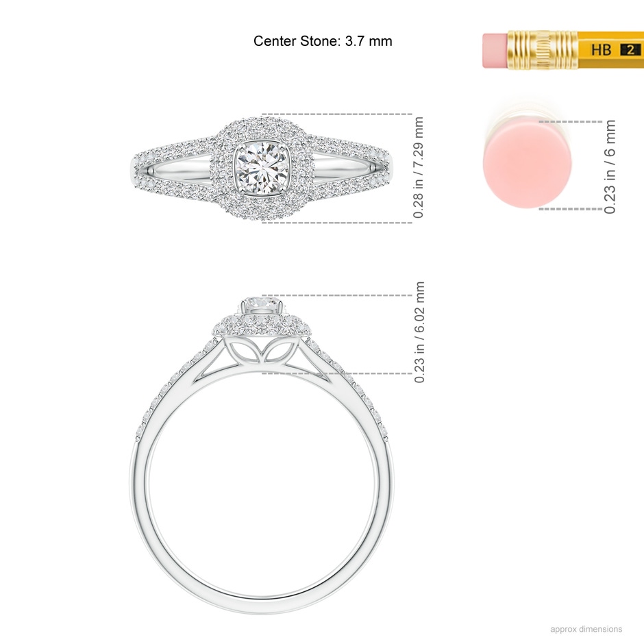 3.7mm HSI2 Cushion Halo Diamond Ring with Accented Split Shank in White Gold ruler