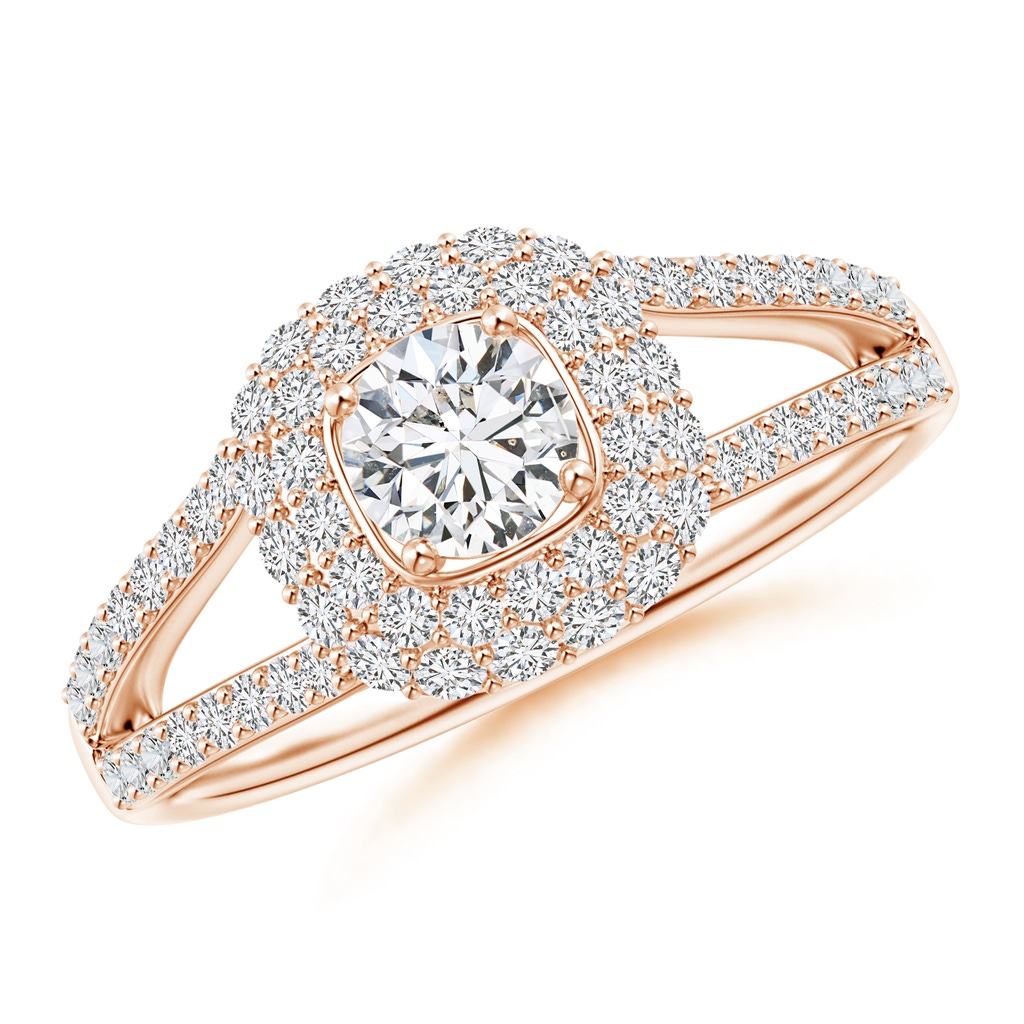 4.7mm HSI2 Cushion Halo Diamond Ring with Accented Split Shank in Rose Gold